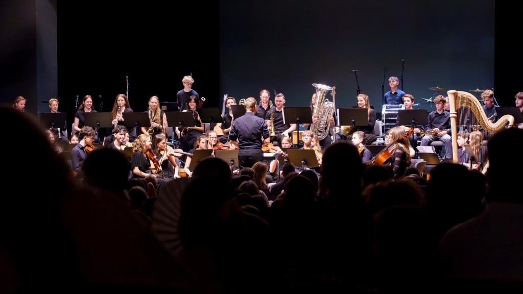 Konzert eines Orchesters auf Bühne Orchesteraufführung mit Dirigent und klassischen Instrumenten auf einer Bühne