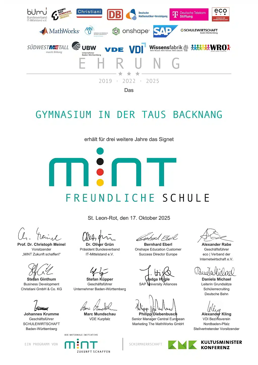 MINT freundliche Schule Auszeichnung für das Gymnasium in der Taus Backnang